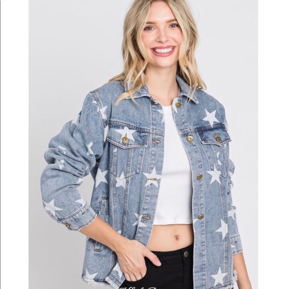 New! Sale 🎉Fabulous Star Print Denim Jean Jacket Button Down With Pockets - Picture 6 of 8